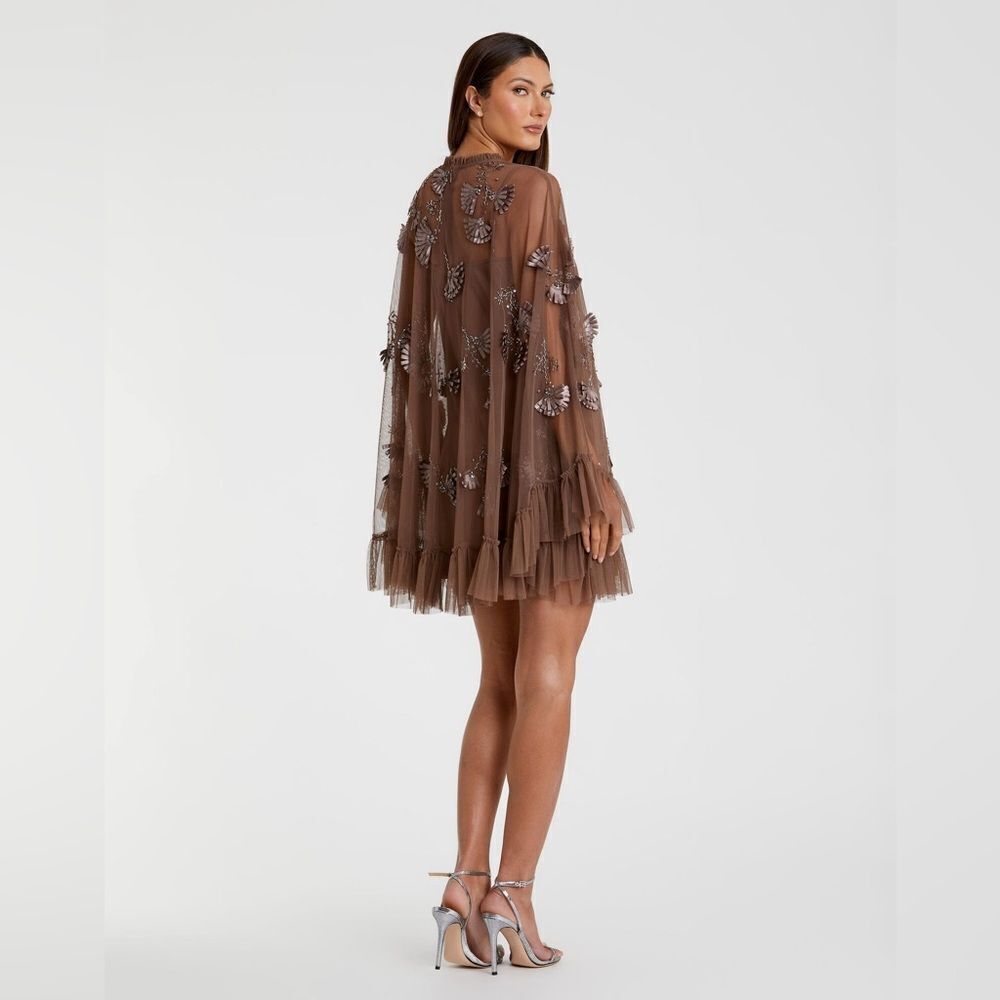 MAC DUGGAL 9257 Brown Embellished Long Flare Sleeve Mesh A-Line Dress - Picture 4 of 13